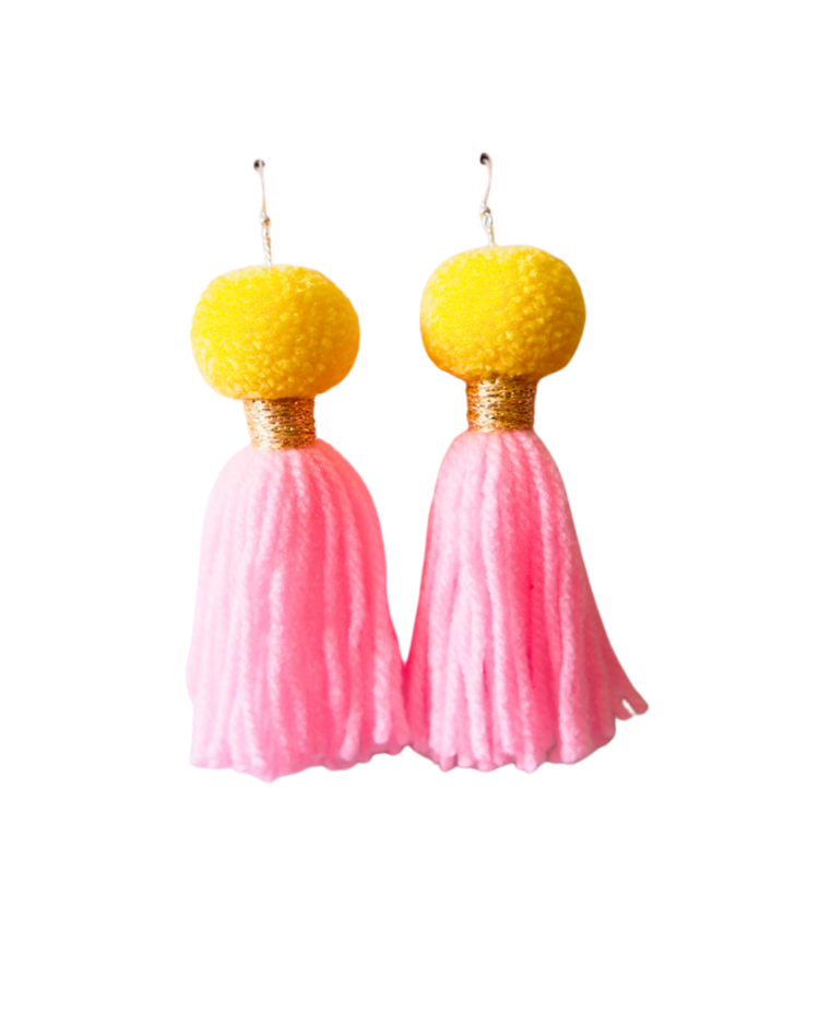 Pom Pom Tassel Earrings Sample Sale - Baby Yellow & Pastel Pink