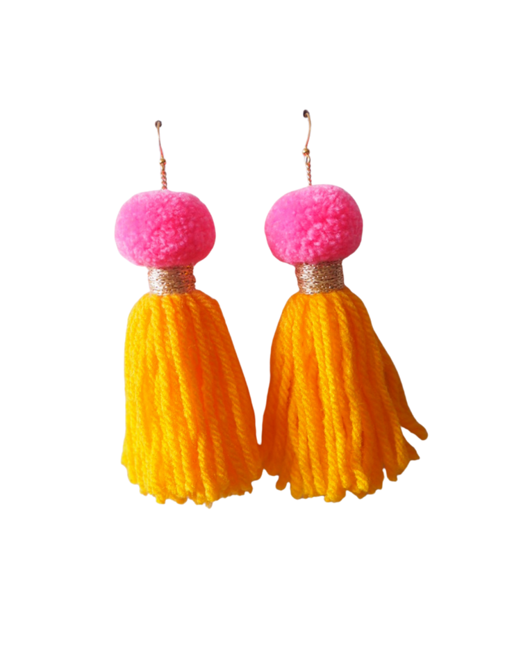 Pom Pom Tassel Earrings Sample Sale - Candy Pink & Sunflower Yellow