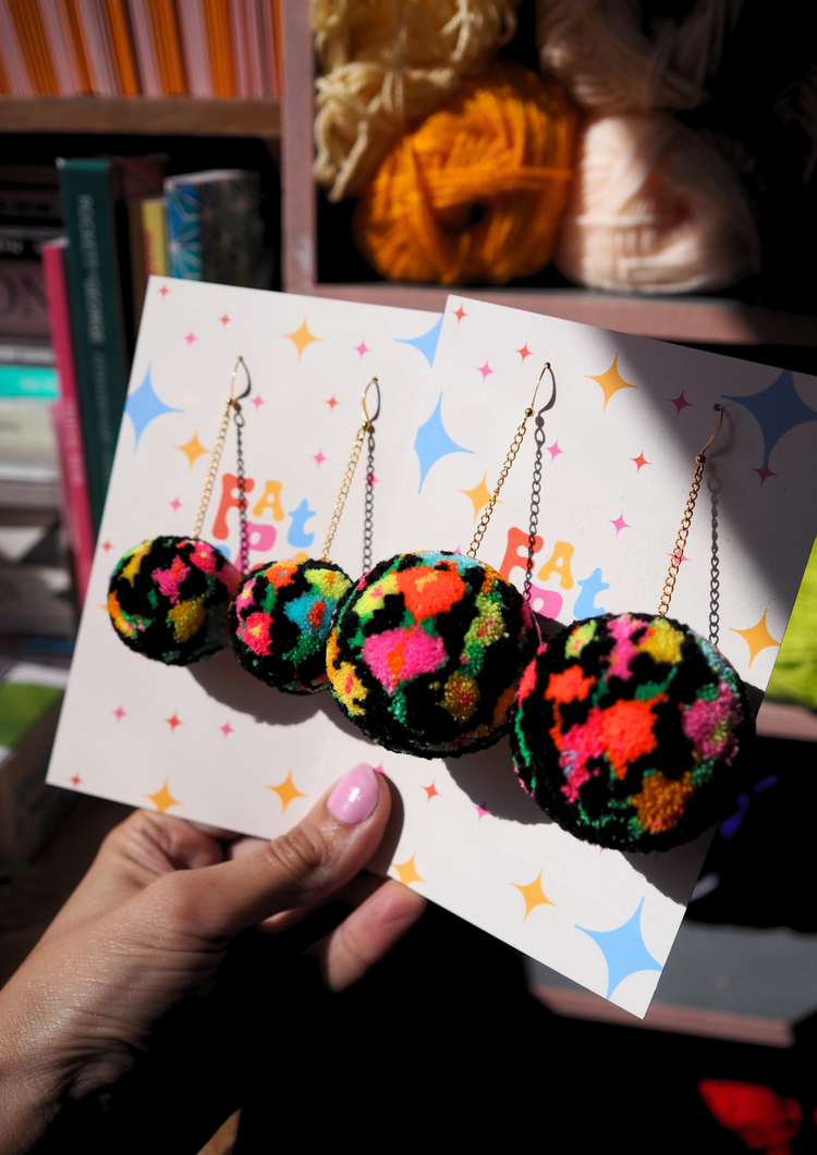 Black Floral Meadow Pom Pom Earrings