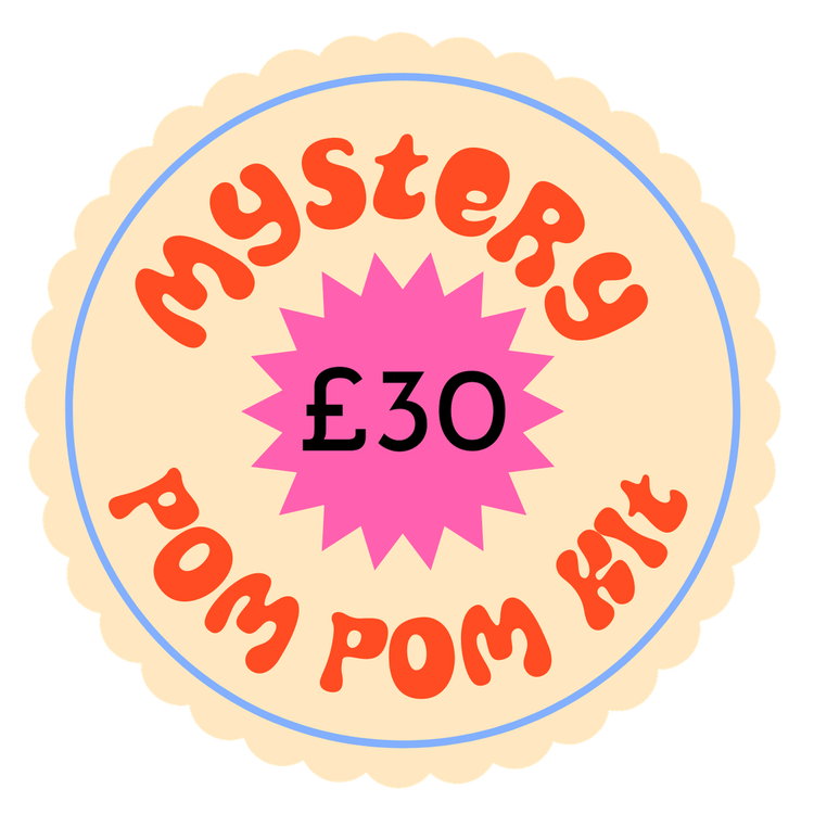 Round label with 'Mystery Pom Pom Kit' text and price on a white background