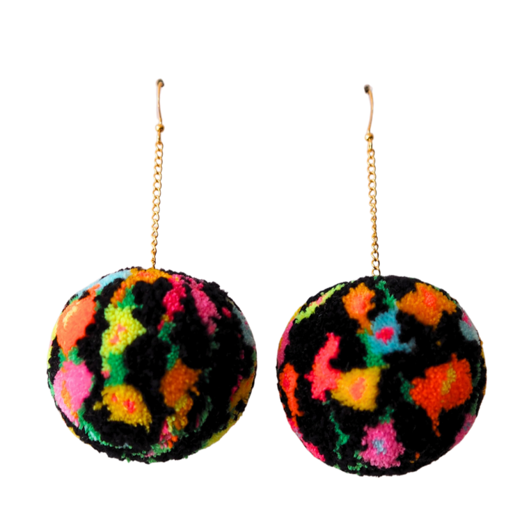 Black Floral Meadow Pom Pom Earrings