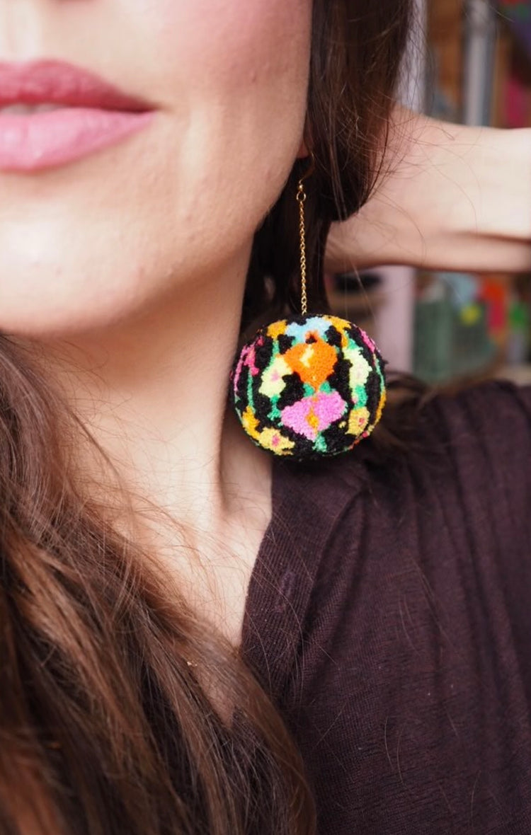 Black Floral Meadow Pom Pom Earrings