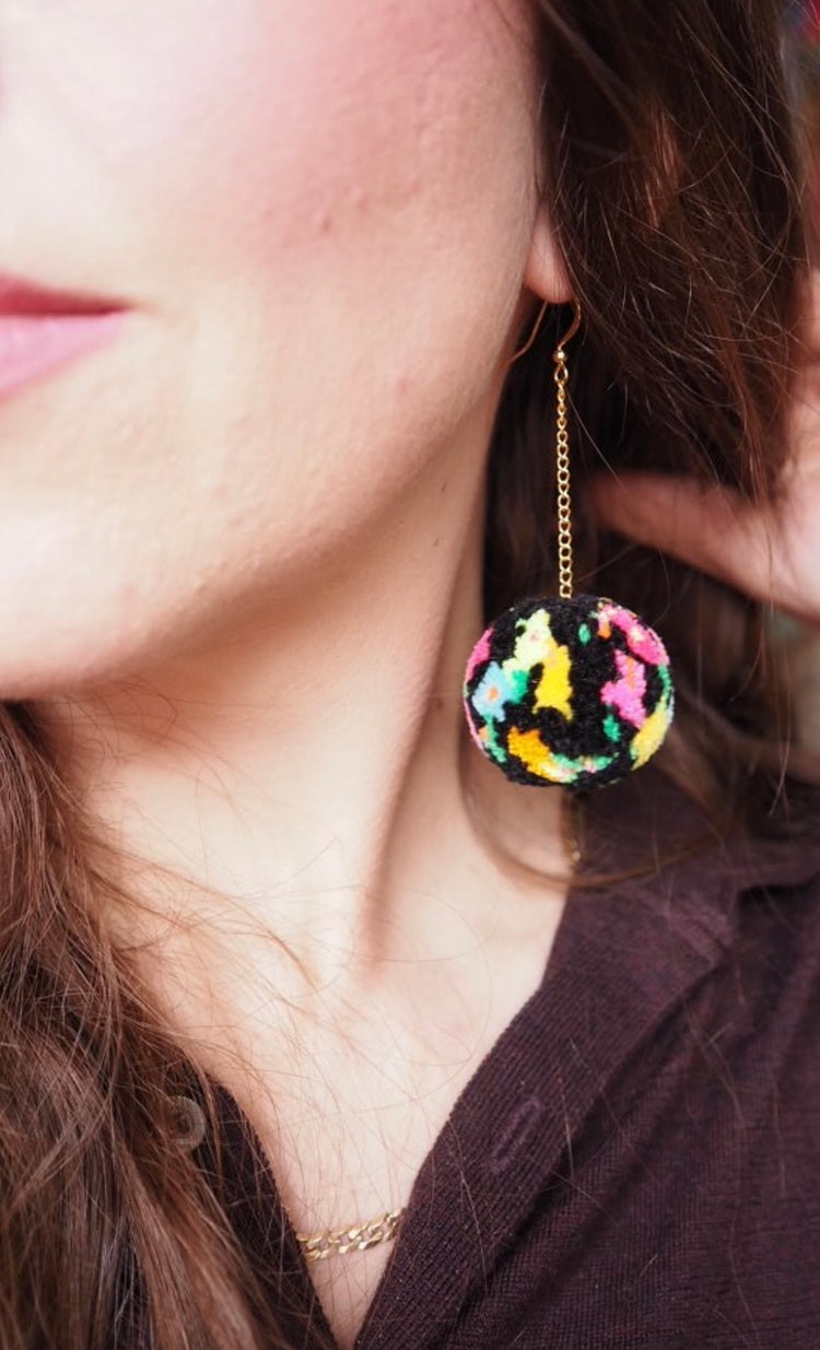 Black Floral Meadow Pom Pom Earrings