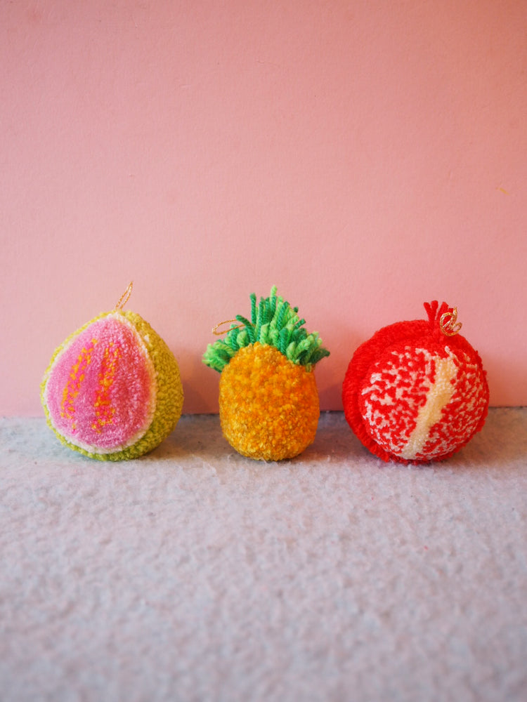 Set of 3 Fruit Pom Pom Christmas Baubles