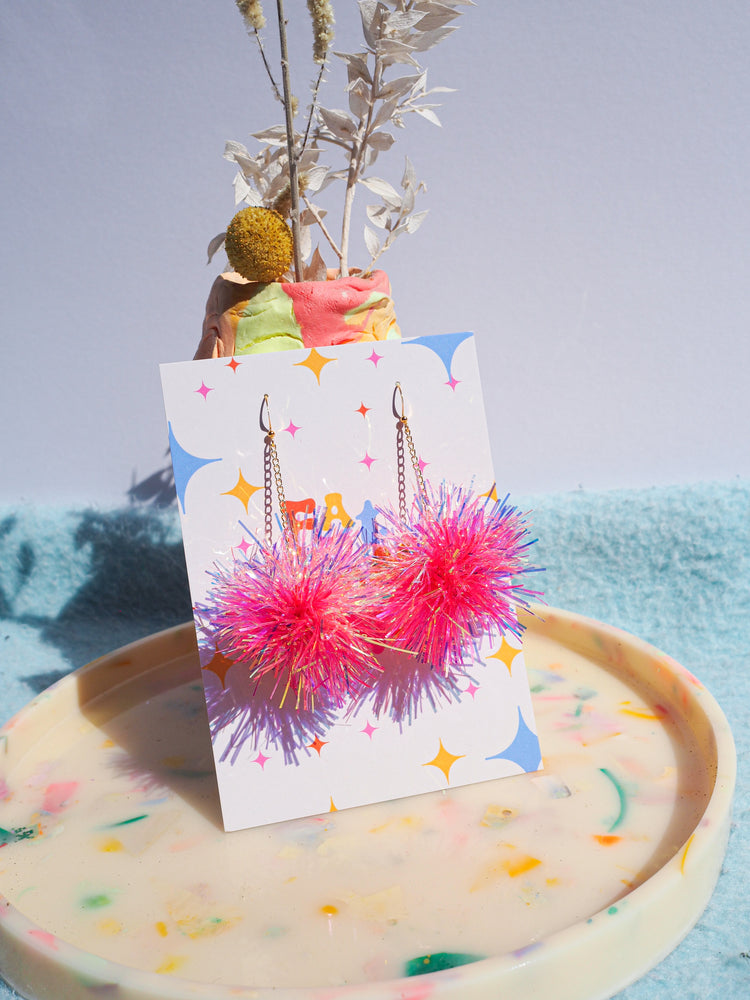 Mini Coral & Pink Tinsel Earrings