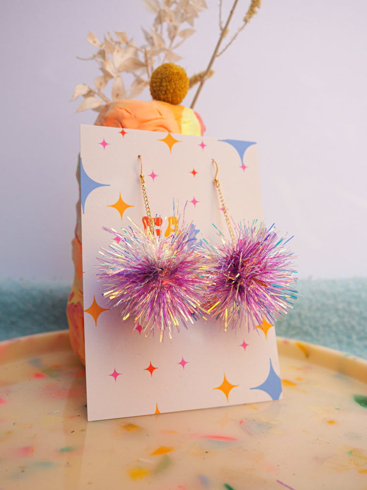 Mini Iridescent & Purple Tinsel Earrings