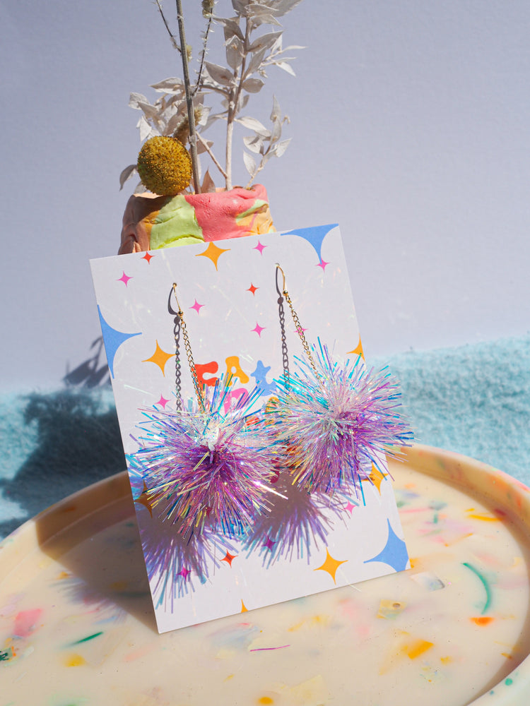 Mini Iridescent & Purple Tinsel Earrings