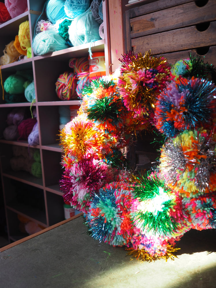 Handmade Rainbow Pom Pom Christmas Tinsel Wreath