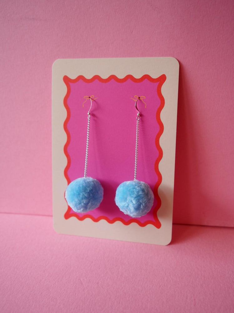 Pom Pom Dangle Earrings Sample Sale - Baby Blue