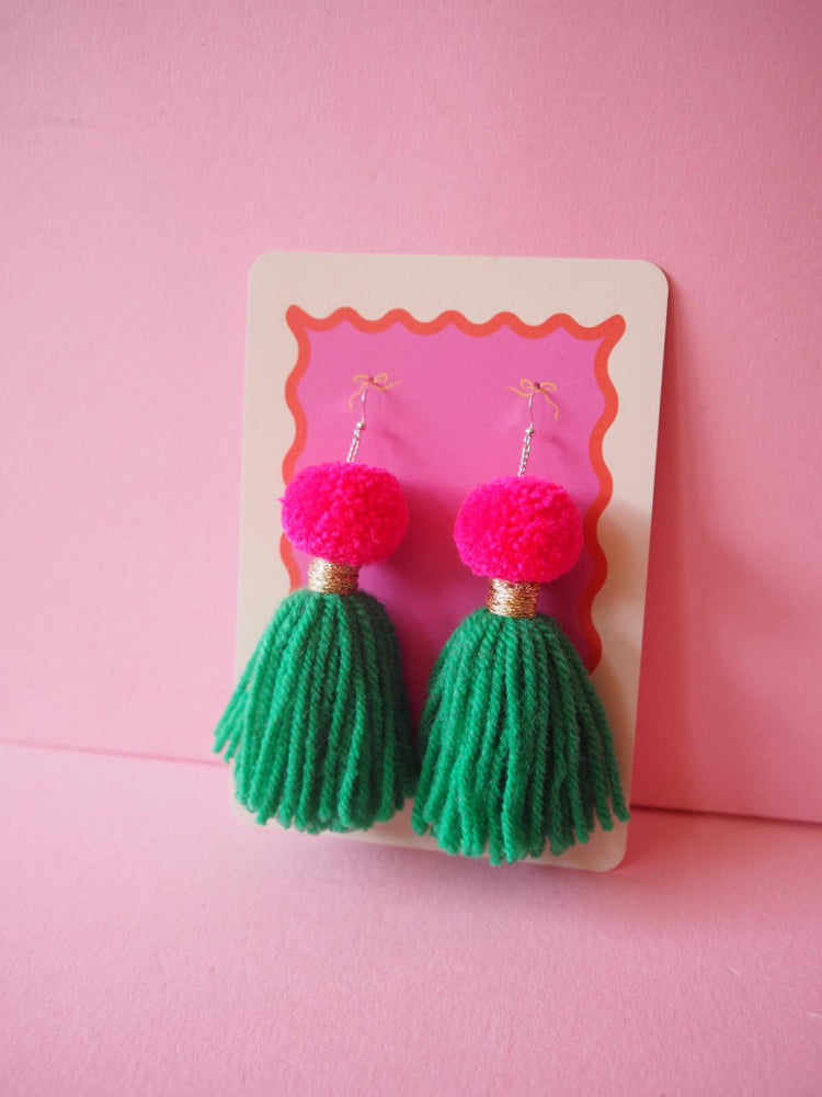 Pom Pom Tassel Earrings Sample Sale - Pink & Emerald Green