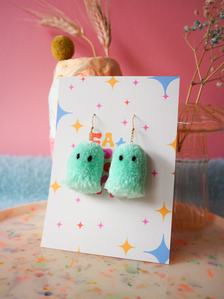 Mint Green Halloween Ghost Pom Pom Earrings