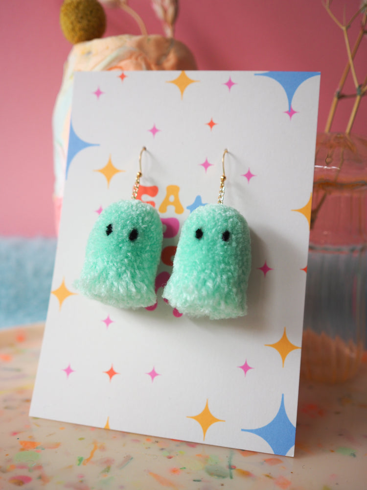 Mint Green Halloween Ghost Pom Pom Earrings