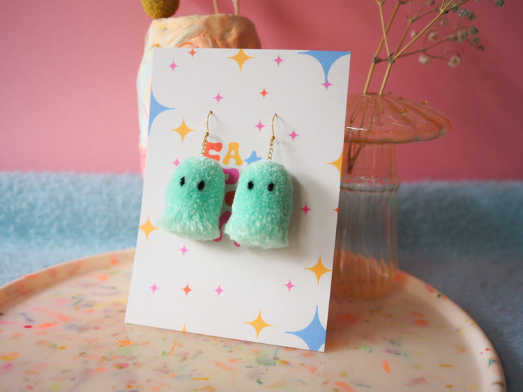 Mint Green Halloween Ghost Pom Pom Earrings