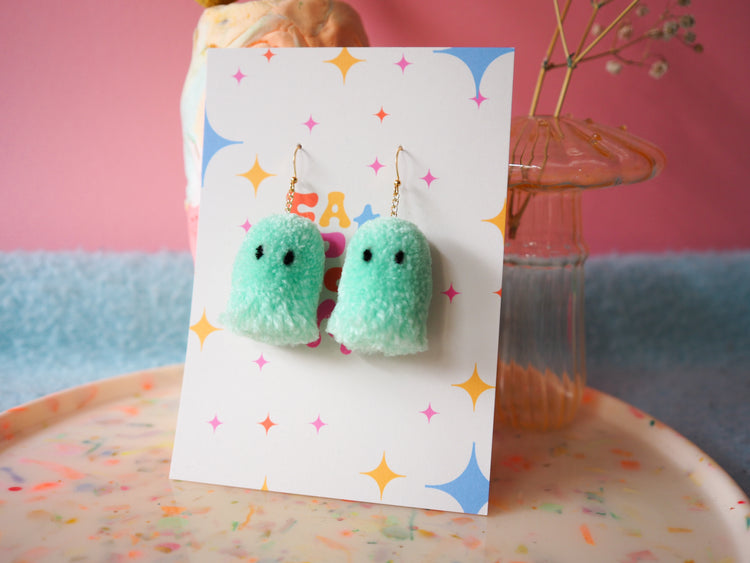 Mint Green Halloween Ghost Pom Pom Earrings