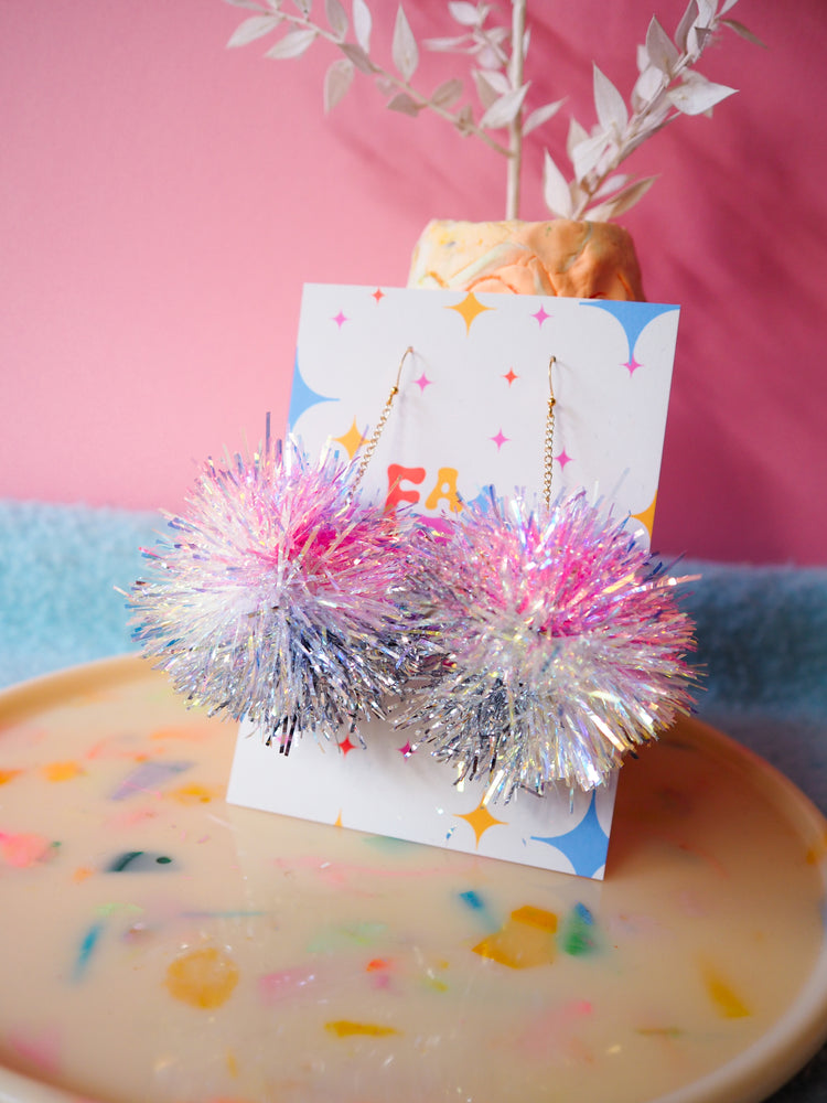Pink, Iridescent & Silver Tinsel Pom Pom Earrings