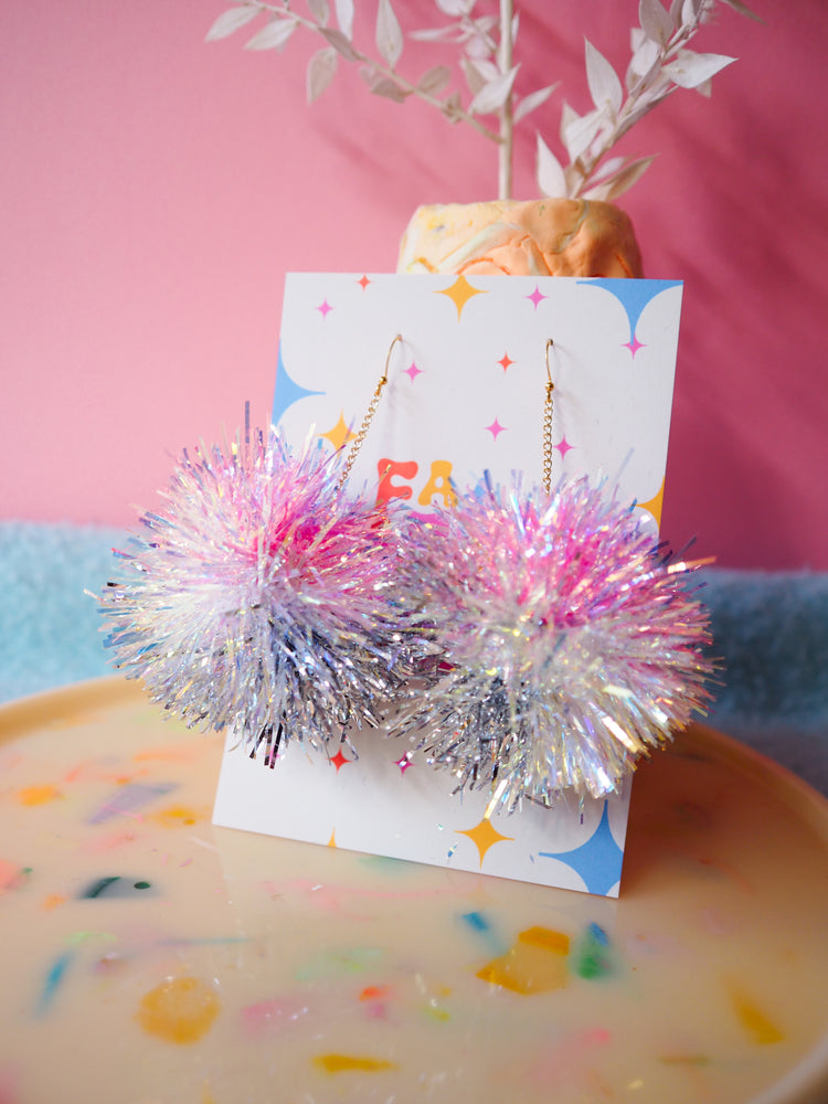 Pink, Iridescent & Silver Tinsel Pom Pom Earrings