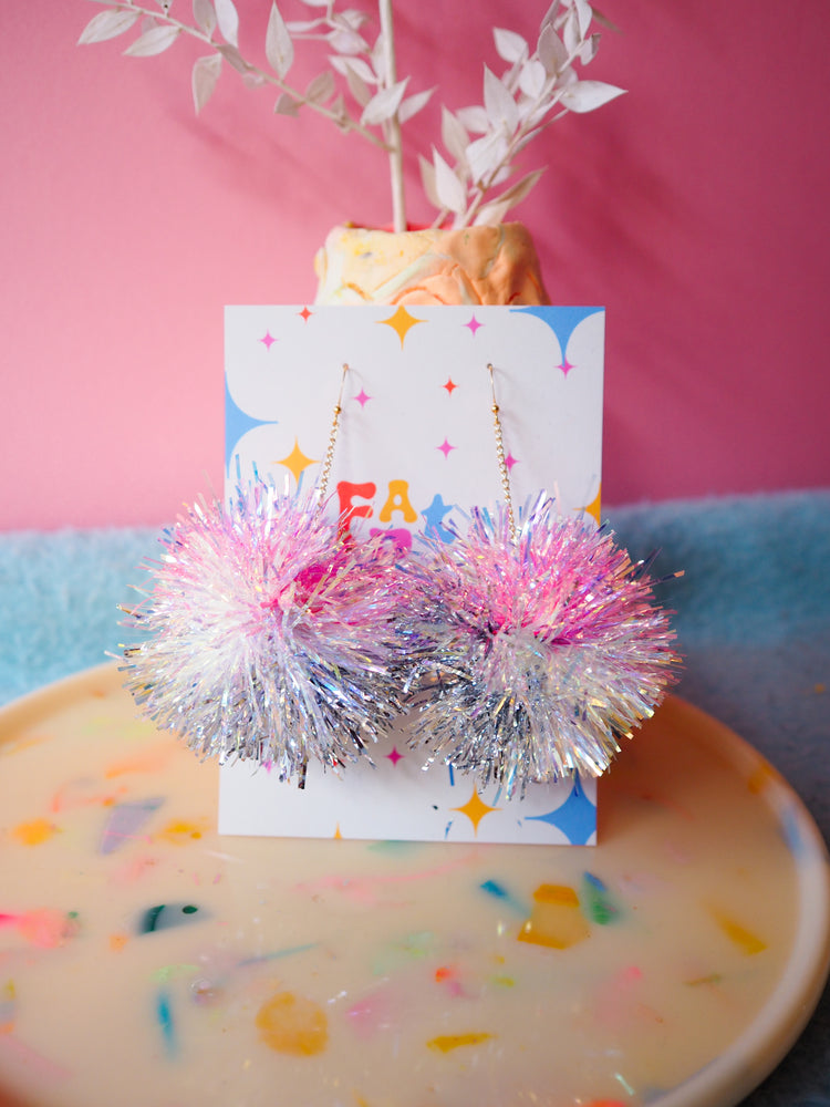 Pink, Iridescent & Silver Tinsel Pom Pom Earrings