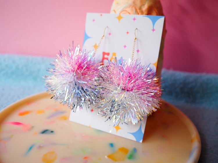 Pink, Iridescent & Silver Tinsel Pom Pom Earrings