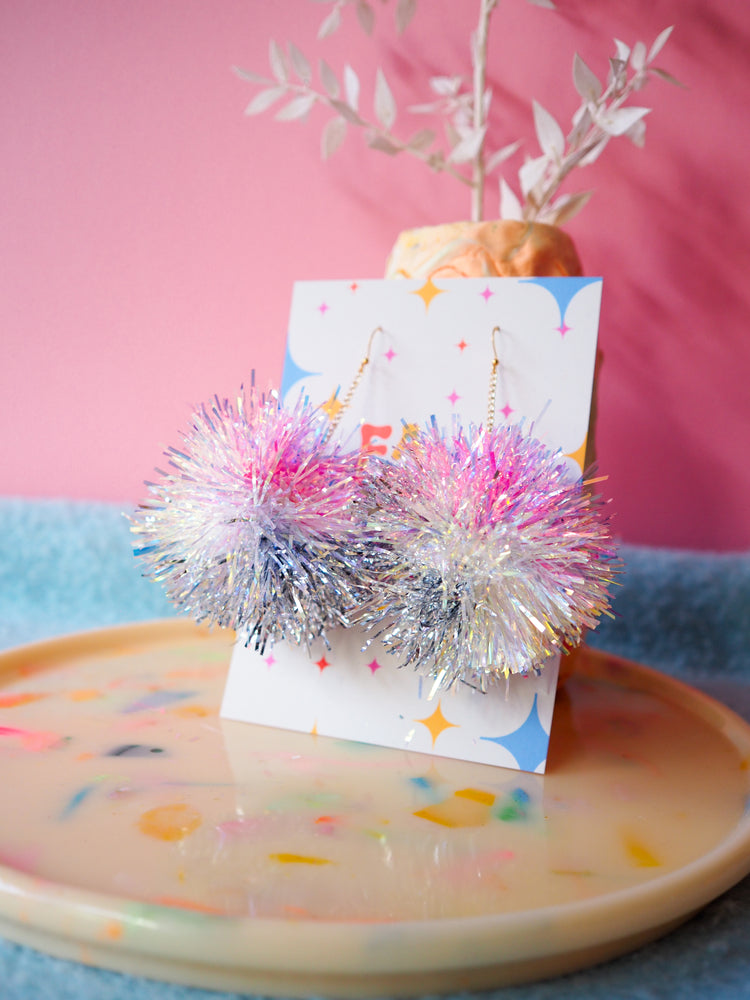 Pink, Iridescent & Silver Tinsel Pom Pom Earrings