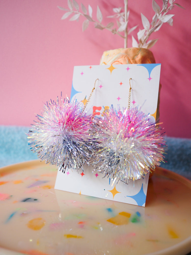 Pink, Iridescent & Silver Tinsel Pom Pom Earrings