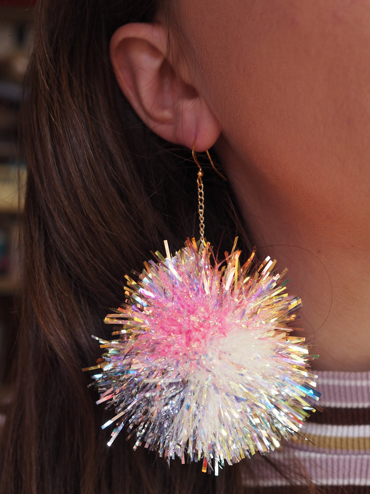 Pink, Iridescent & Silver Tinsel Pom Pom Earrings