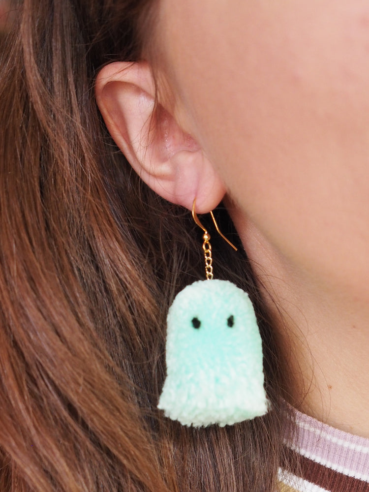 Mint Green Halloween Ghost Pom Pom Earrings
