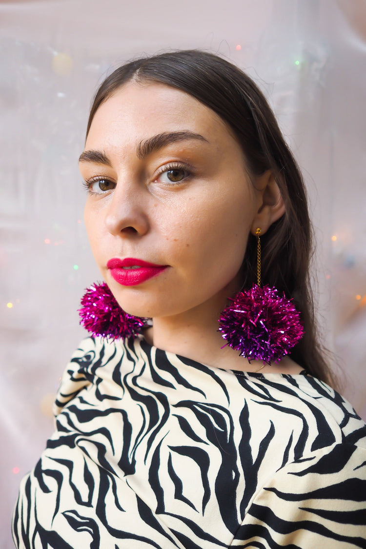 Purple & Pink Christmas tinsel earrings
