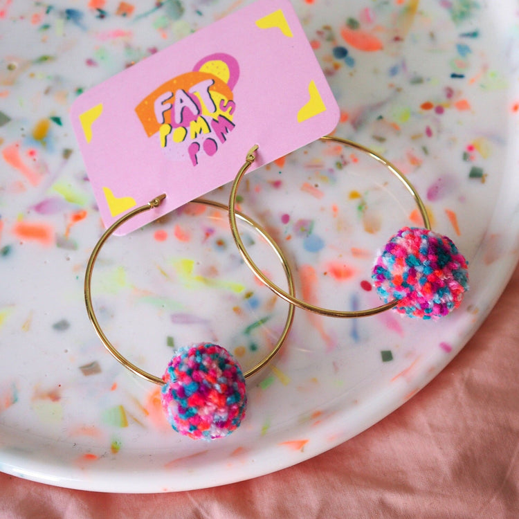 Confetti pom pom hoop earrings