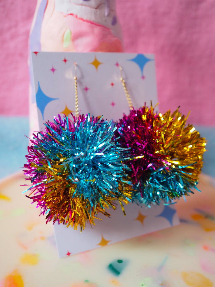 Blue, Gold & Pink Tinsel Pom Pom Earrings