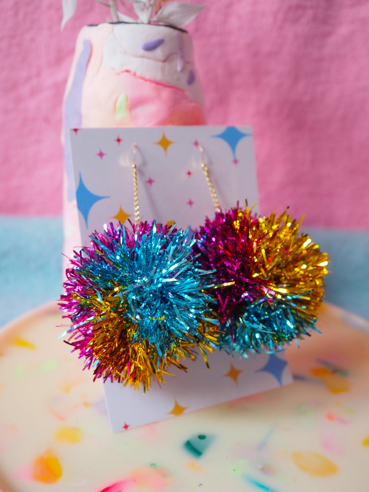 Blue, Gold & Pink Tinsel Pom Pom Earrings