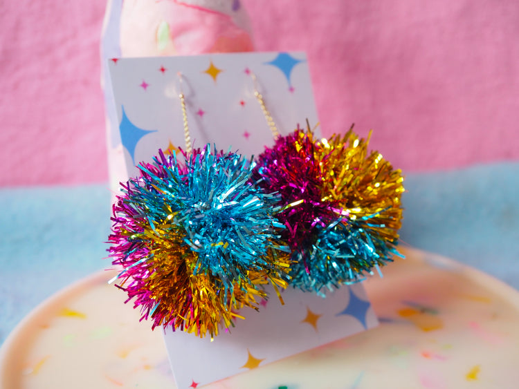 Blue, Gold & Pink Tinsel Pom Pom Earrings