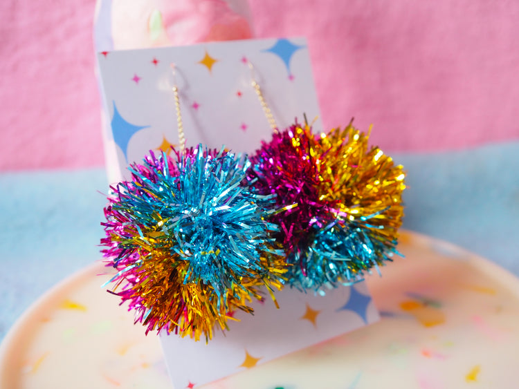 Blue, Gold & Pink Tinsel Pom Pom Earrings