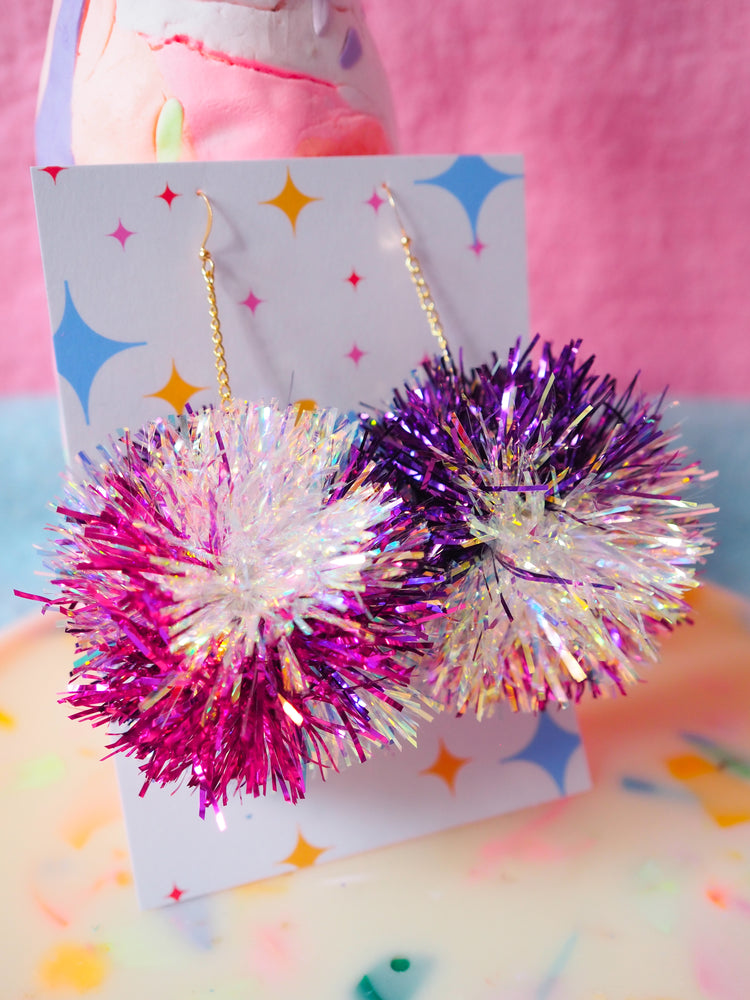 Purple, Iridescent & Pink Tinsel Pom Pom Earrings