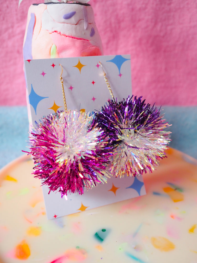Purple, Iridescent & Pink Tinsel Pom Pom Earrings