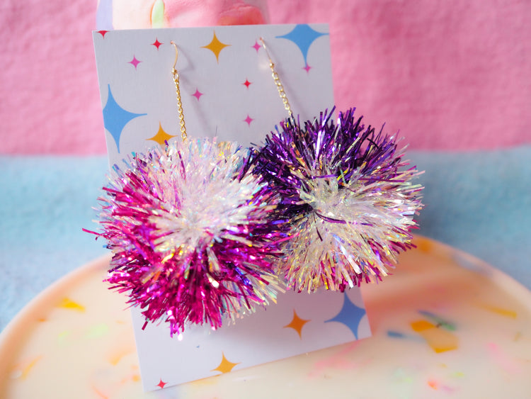 Purple, Iridescent & Pink Tinsel Pom Pom Earrings