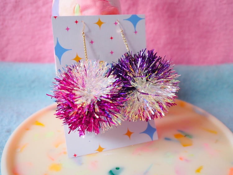 Purple, Iridescent & Pink Tinsel Pom Pom Earrings