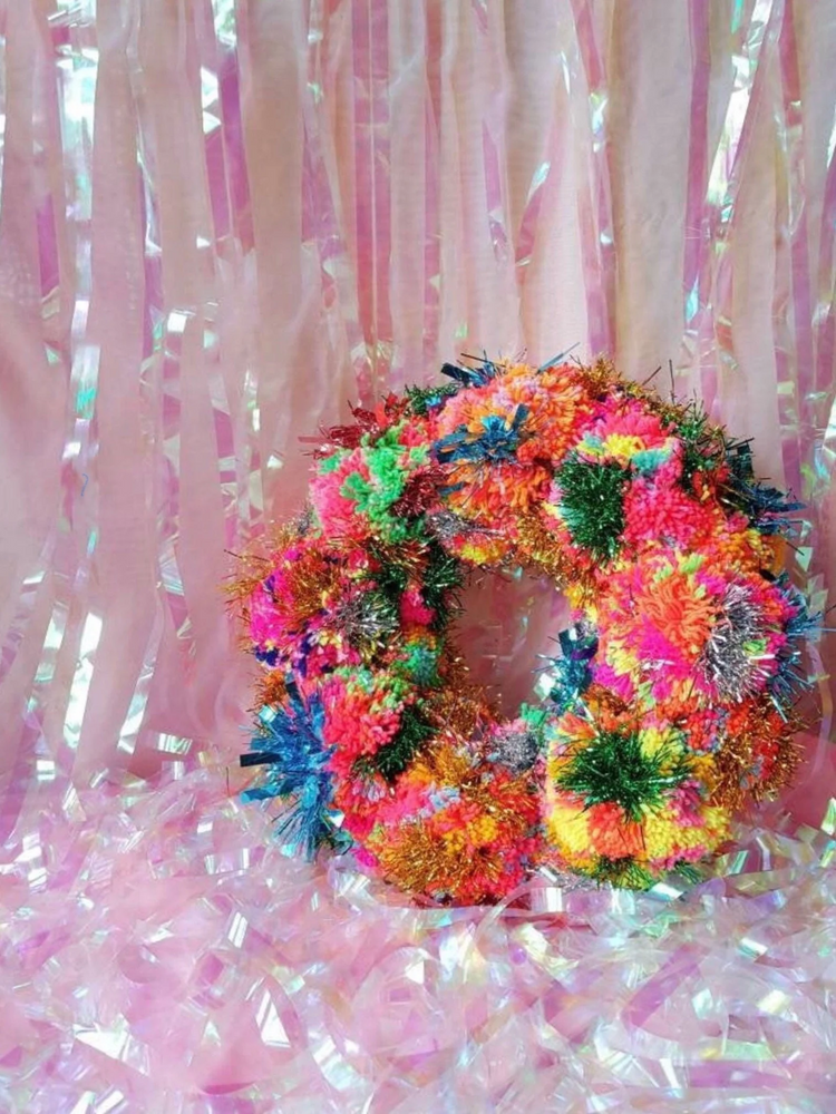 Handmade Rainbow Pom Pom Christmas Tinsel Wreath