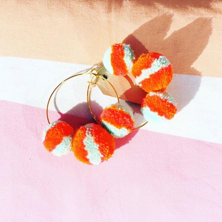 Coral & Mint Pom Pom Hoop Earrings