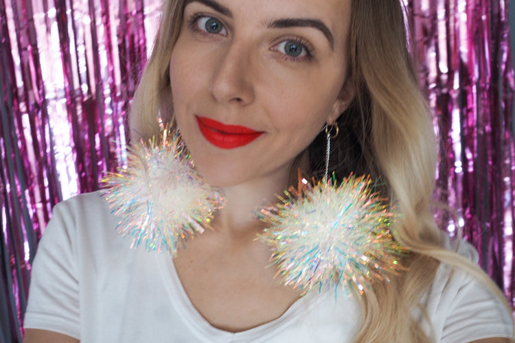 Iridescent Tinsel Pom Pom Earrings
