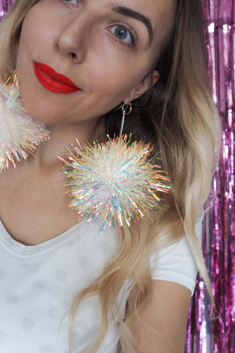 Iridescent Tinsel Pom Pom Earrings