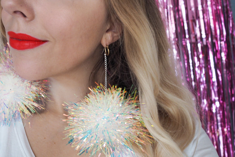 Iridescent Tinsel Pom Pom Earrings