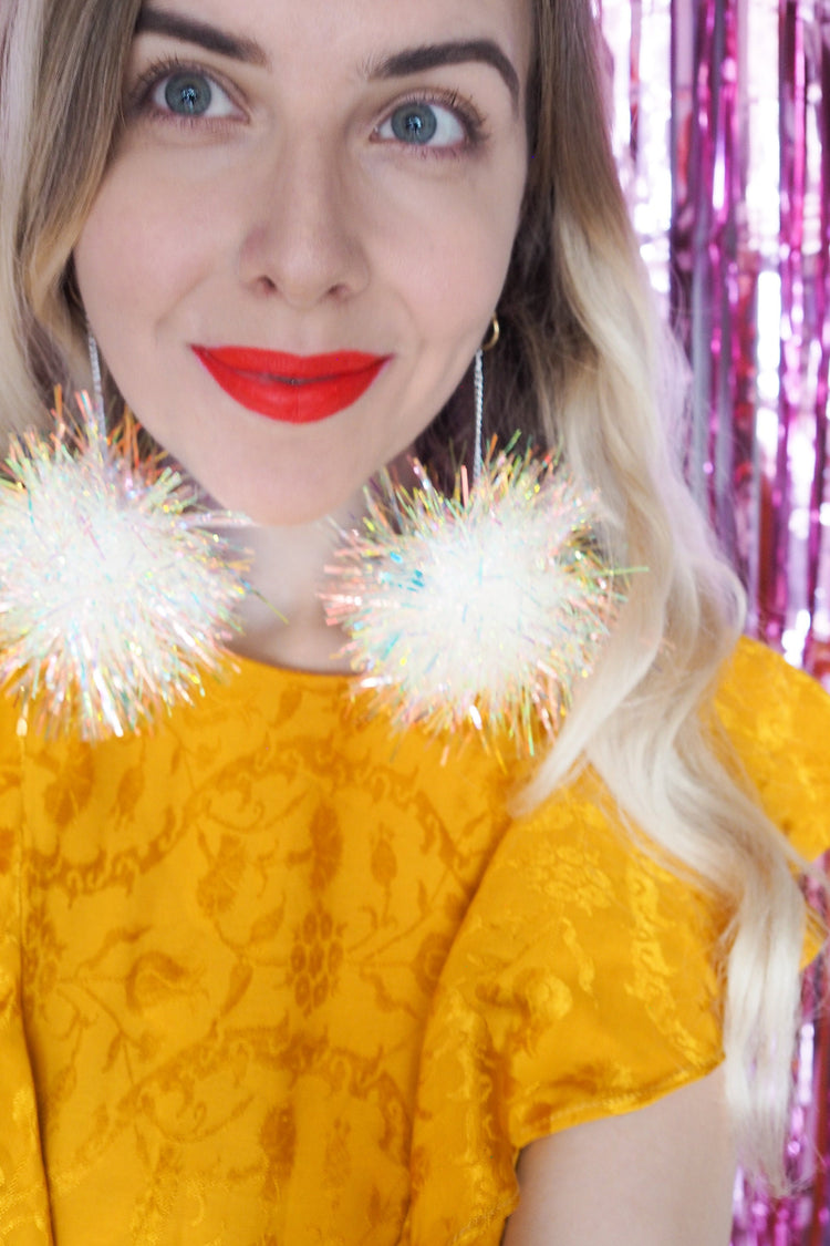 Iridescent Tinsel Pom Pom Earrings