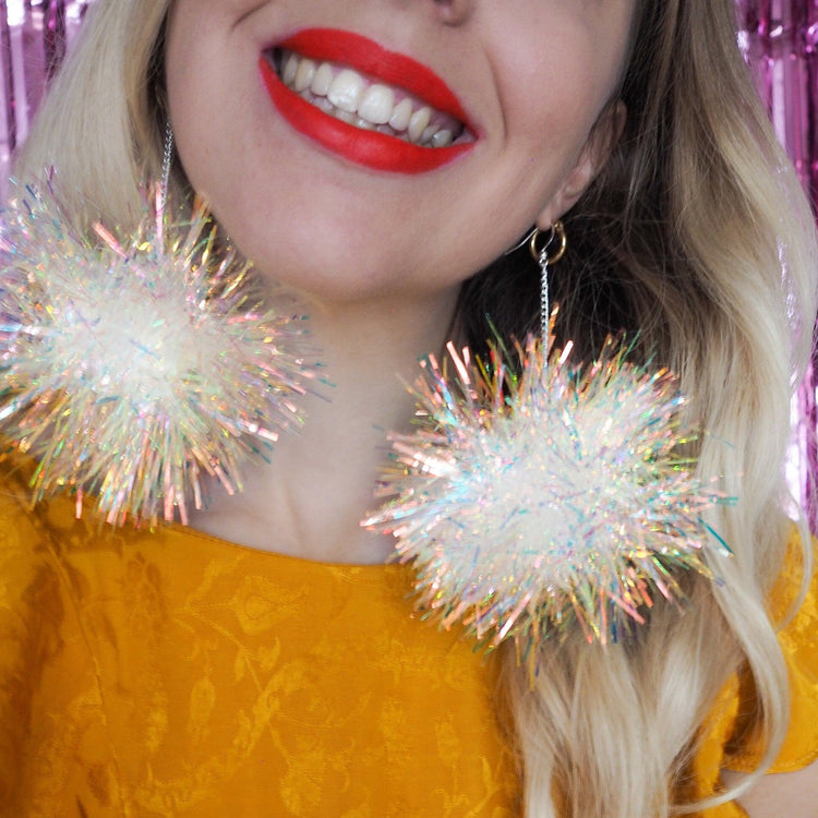 Iridescent Tinsel Pom Pom Earrings