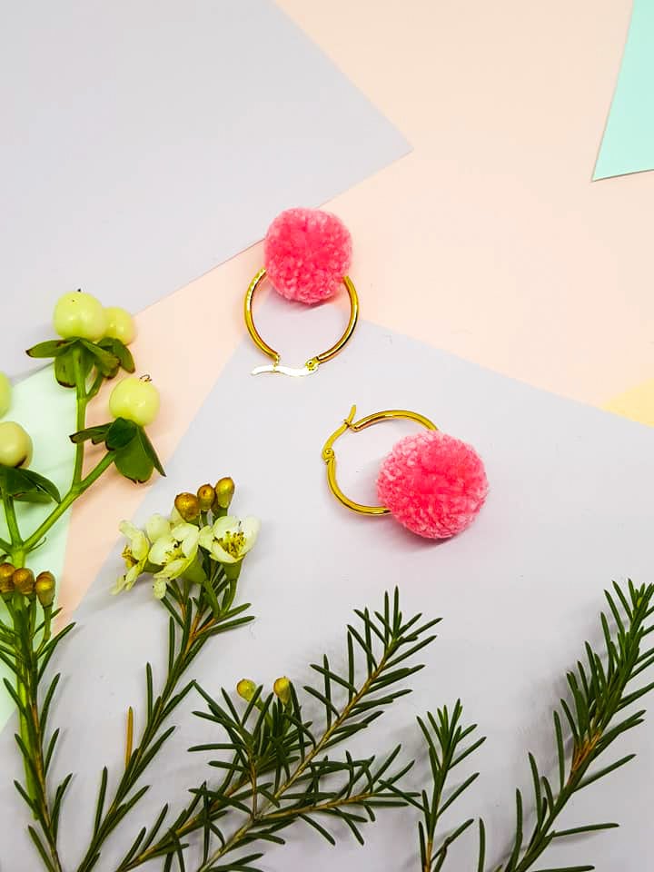 Candy Pink Pom Pom Tiny Hoop Earrings