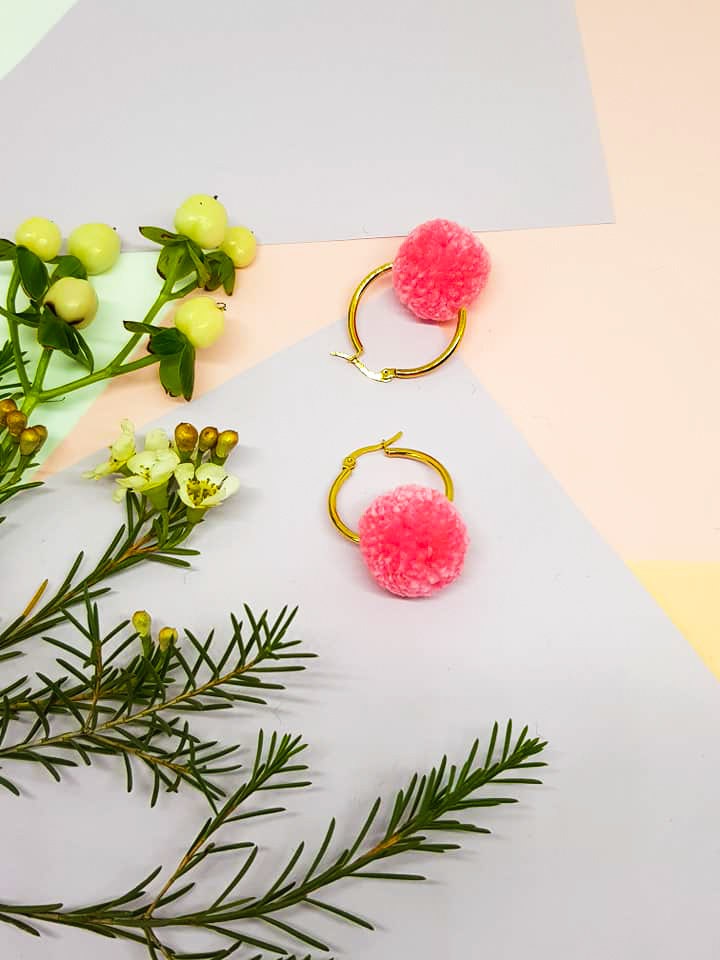 Candy Pink Pom Pom Tiny Hoop Earrings