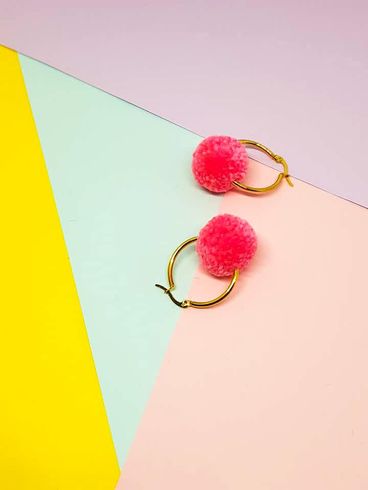 Candy Pink Pom Pom Tiny Hoop Earrings