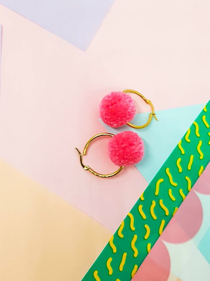 Candy Pink Pom Pom Tiny Hoop Earrings