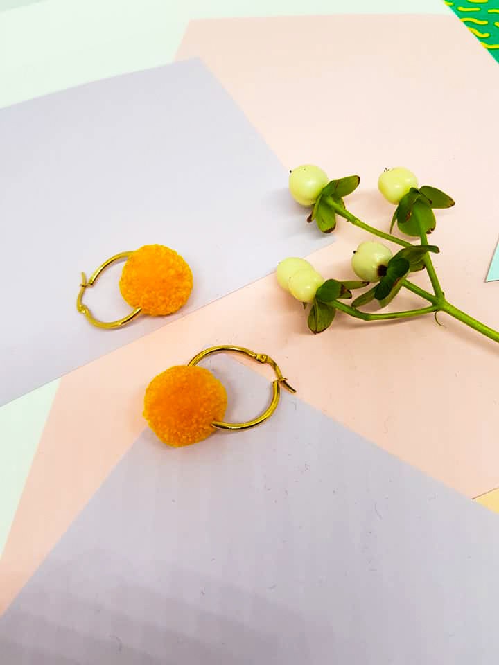 Sunflower Yellow Pom Pom Tiny Hoop Earrings