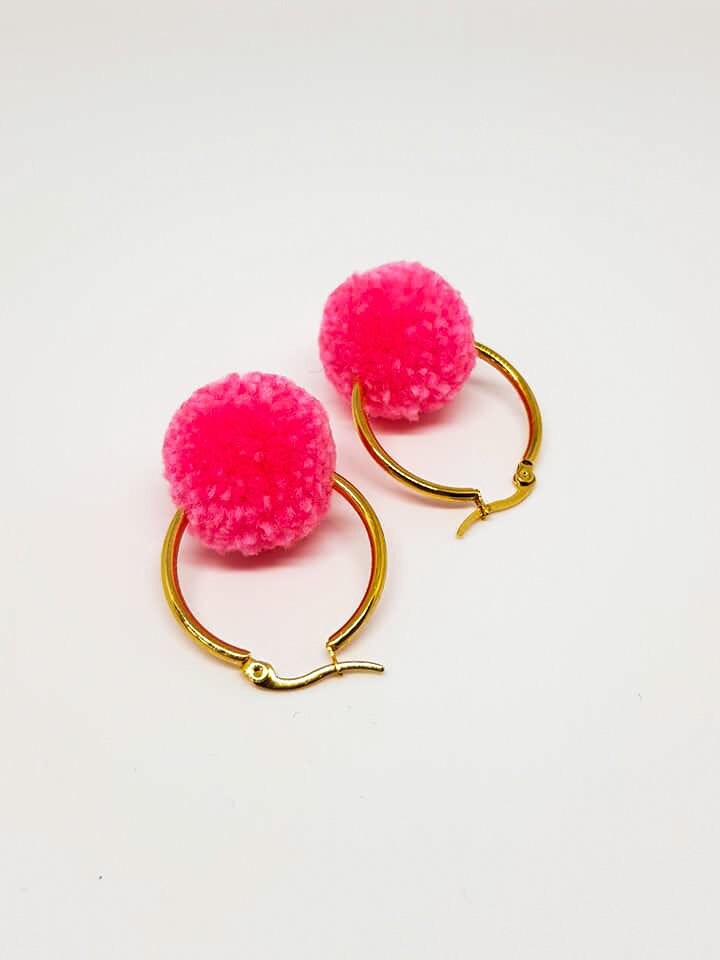 Candy Pink Pom Pom Tiny Hoop Earrings