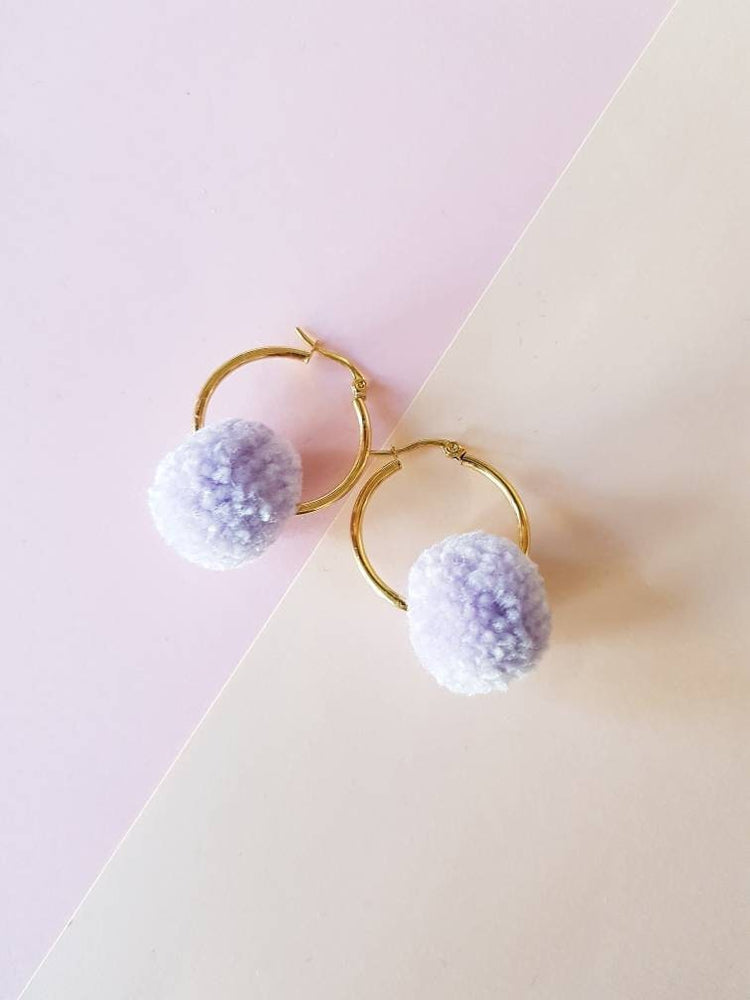 Lilac Pom Pom Hoop Earrings